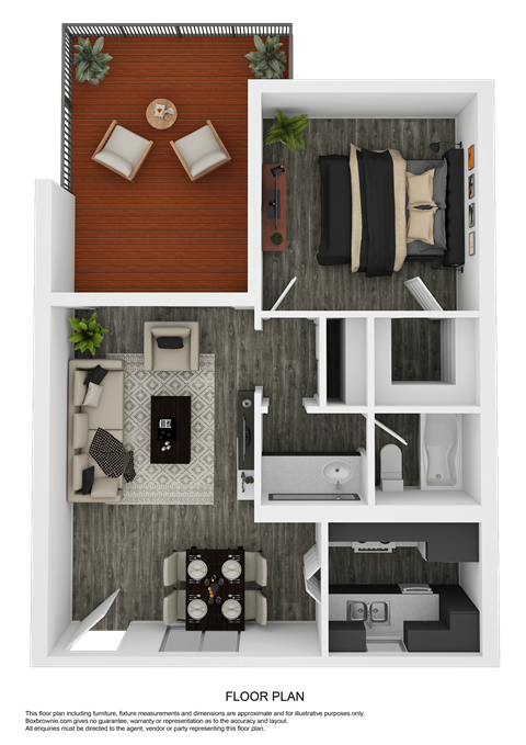 Floor plan for 1 bed, 1 bath, 580 sqft